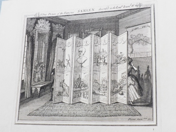 An engraving depicting figures just out of sight behind a dressing screen, though others can be seen in the mirror beside it.