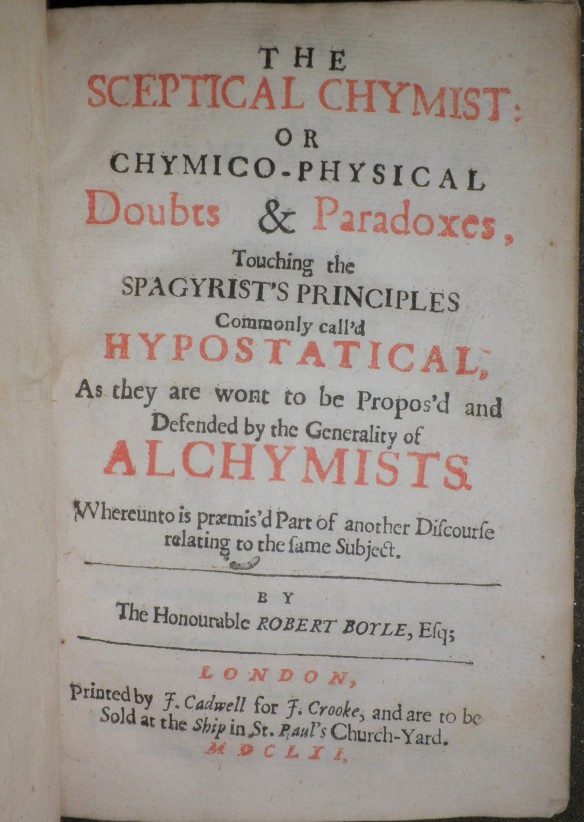Title page of Boyle's The Sceptical Chymist, text in black and red.