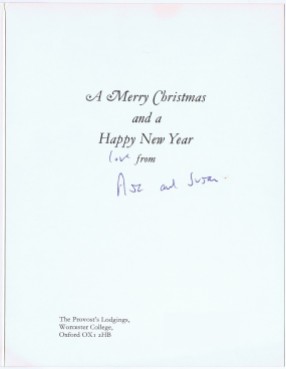 Interior of the card, bearing Christmas wishes and signed by Asa Briggs and his wife Susan.