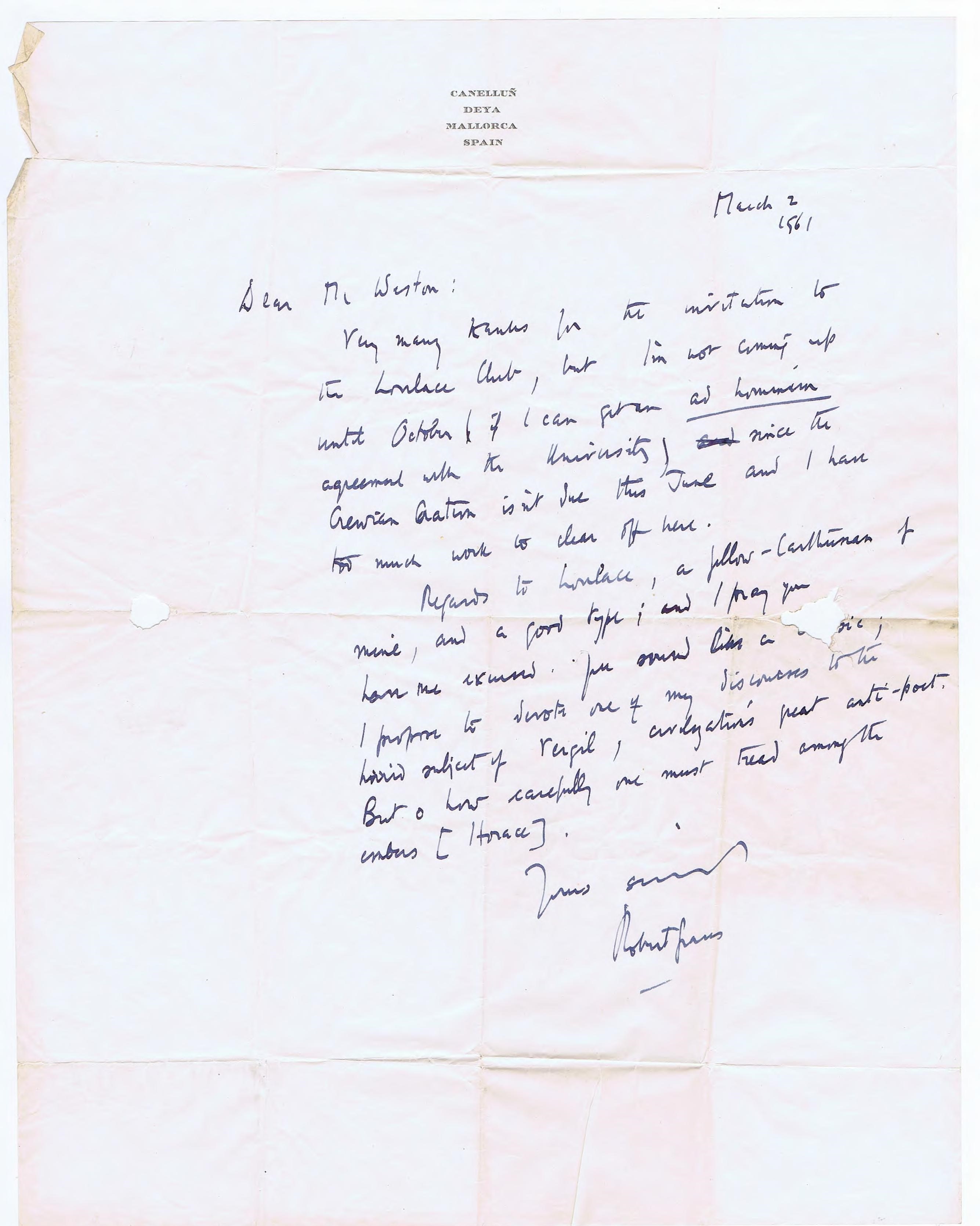 Manuscript letter from Robert Graves, declining an invitation in 1961.
