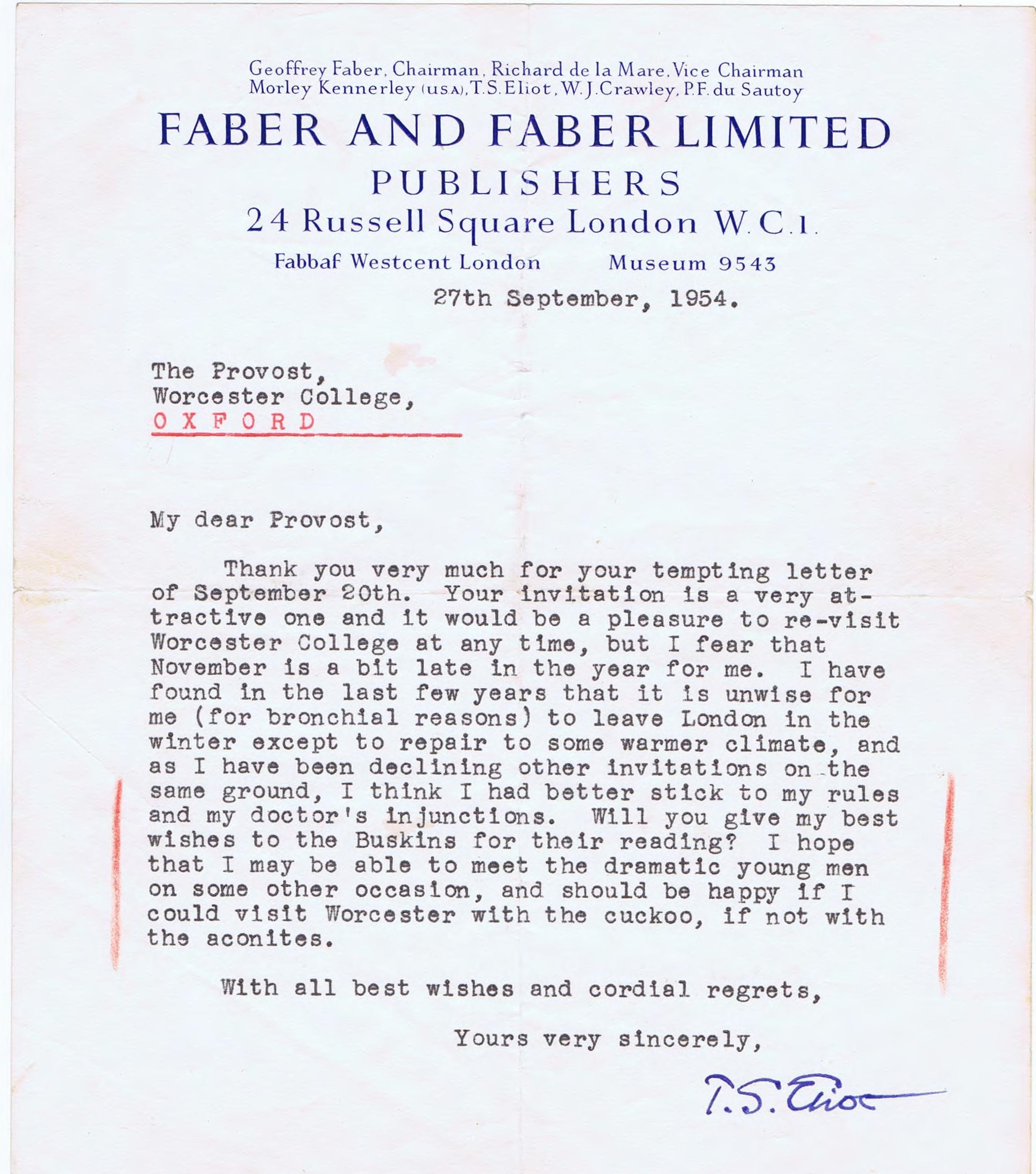 A typed letter from T.S. Eliot in 1954 declining an invitation.